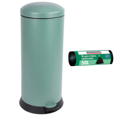 Poubelle cuisine à pédale 30L et 10 sacs poubelle 50L Vert Natura