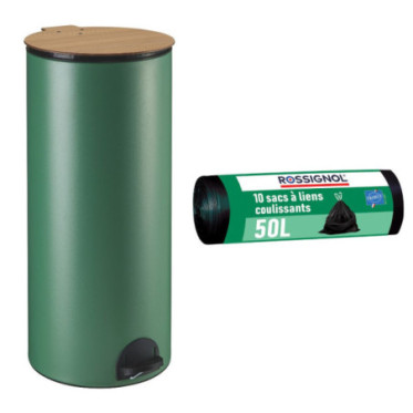 Poubelle cuisine à pédale 30L et 10 sacs poubelle 50L Vert Natura