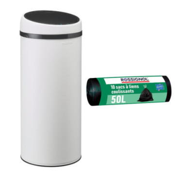 Poubelle cuisine automatique 45L et 10 sacs poubelle 50L Blanc Coton