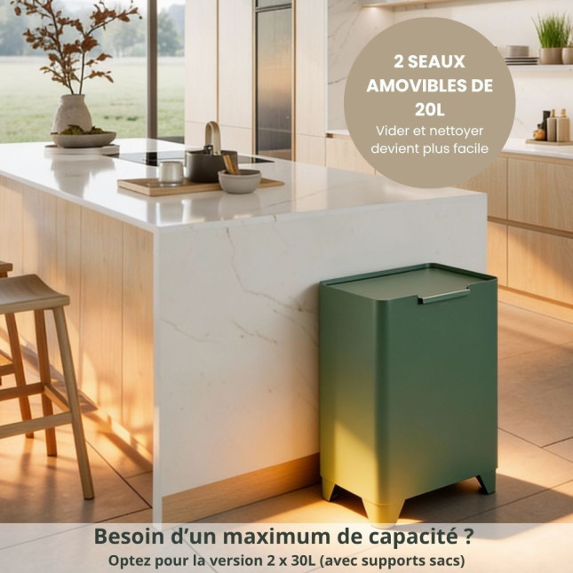 Poubelle cuisine de tri sélectif 2x20L avec seaux Taupe